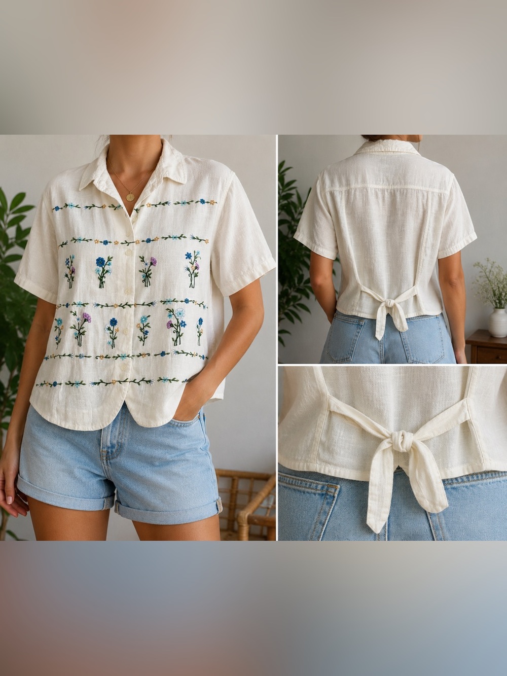 Vintage 90s Casey & Max Embroidered Floral Linen Blend Button Up Top Medium